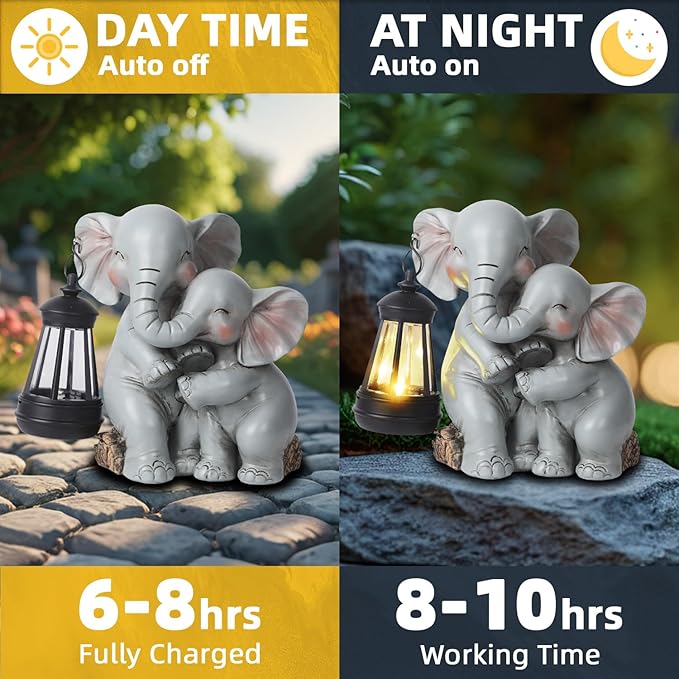 Solar Garden Decor - Mother Baby Elephant Statue with Solar Lantern 7" Resin Elephant Figurines Outdoor Yard Porch Lawn Patio Decor Housewarming Birthday Gift for Mom Grandma Women - Che Cose Belle