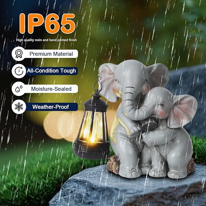 Solar Garden Decor - Mother Baby Elephant Statue with Solar Lantern 7" Resin Elephant Figurines Outdoor Yard Porch Lawn Patio Decor Housewarming Birthday Gift for Mom Grandma Women - Che Cose Belle