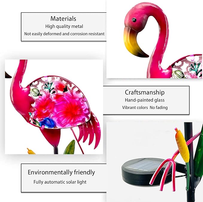 Solar Garden Lights, Glass & Metal Flamingo Solar Garden Decor Solar Pathway Lights Solar Garden Stakes Decorative Yard Art Yard Decor Waterproof for Patio Lawn Courtyard - Che Cose Belle