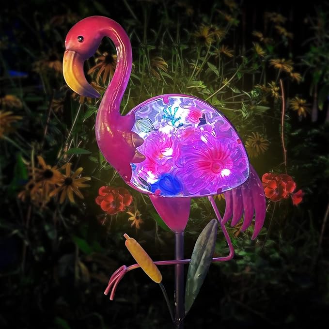 Solar Garden Lights, Glass & Metal Flamingo Solar Garden Decor Solar Pathway Lights Solar Garden Stakes Decorative Yard Art Yard Decor Waterproof for Patio Lawn Courtyard - Che Cose Belle