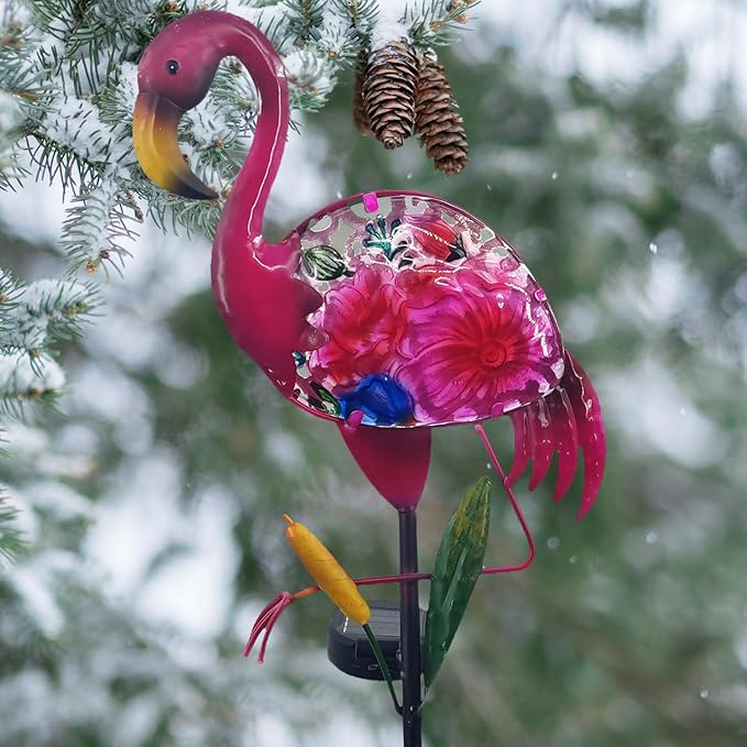 Solar Garden Lights, Glass & Metal Flamingo Solar Garden Decor Solar Pathway Lights Solar Garden Stakes Decorative Yard Art Yard Decor Waterproof for Patio Lawn Courtyard - Che Cose Belle