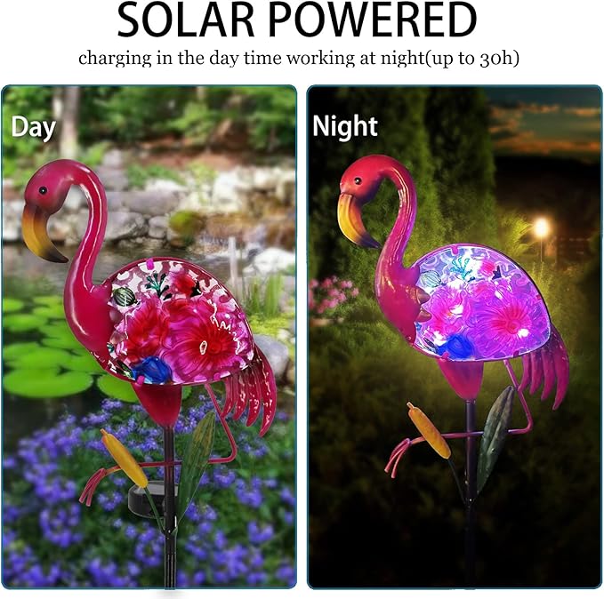 Solar Garden Lights, Glass & Metal Flamingo Solar Garden Decor Solar Pathway Lights Solar Garden Stakes Decorative Yard Art Yard Decor Waterproof for Patio Lawn Courtyard - Che Cose Belle