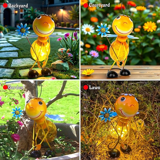 Solar Garden Statue Bee Decor,Outdoor Decorative Tabletop Lanterns,Outdoor Bee Figurines Decorations for Patio Yard Lawn Ornaments,Birthday Gifts for Mom Women Grandma - Che Cose Belle