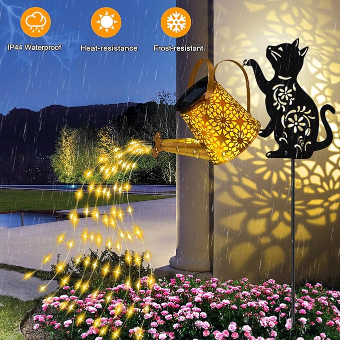 Solar Lights Outdoor Decorative, Watering Can with Cascading Lights, with Cat Silhouette Garden Stakes, Waterproof Metal Garden Decor for Yard Art, Outside, Patio, Lawn Ornaments - Che Cose Belle