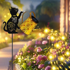 Solar Lights Outdoor Decorative, Watering Can with Cascading Lights, with Cat Silhouette Garden Stakes, Waterproof Metal Garden Decor for Yard Art, Outside, Patio, Lawn Ornaments - Che Cose Belle
