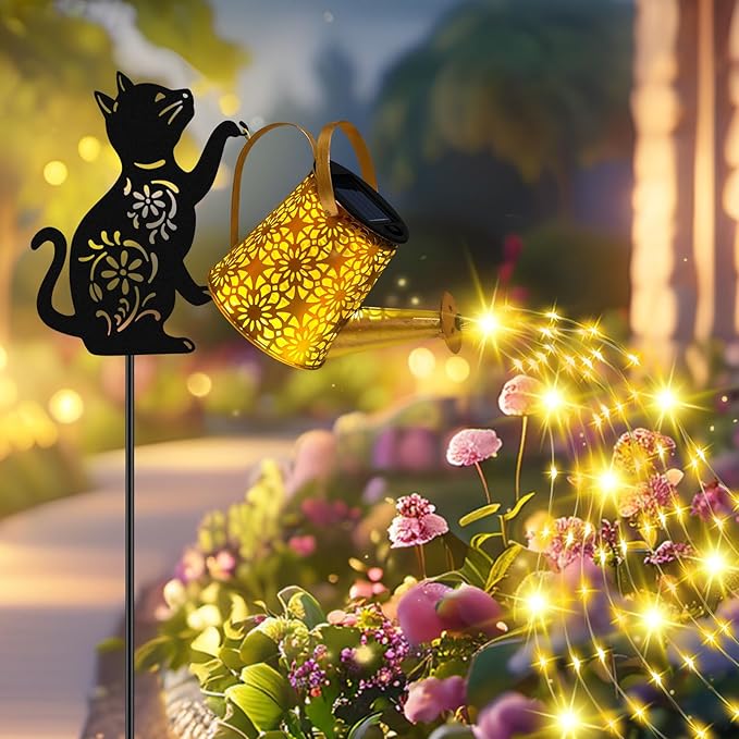 Solar Lights Outdoor Decorative, Watering Can with Cascading Lights, with Cat Silhouette Garden Stakes, Waterproof Metal Garden Decor for Yard Art, Outside, Patio, Lawn Ornaments - Che Cose Belle