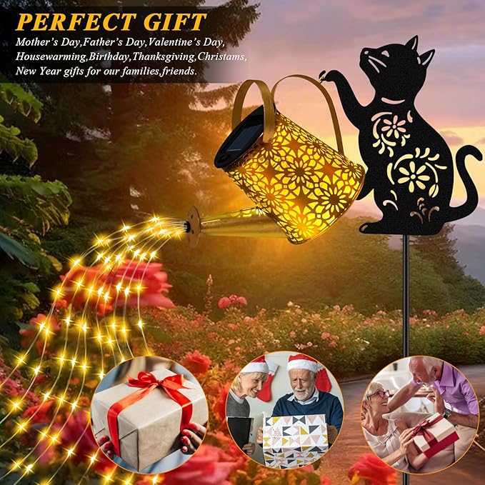 Solar Lights Outdoor Decorative, Watering Can with Cascading Lights, with Cat Silhouette Garden Stakes, Waterproof Metal Garden Decor for Yard Art, Outside, Patio, Lawn Ornaments - Che Cose Belle