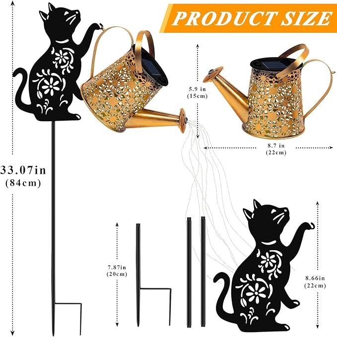 Solar Lights Outdoor Decorative, Watering Can with Cascading Lights, with Cat Silhouette Garden Stakes, Waterproof Metal Garden Decor for Yard Art, Outside, Patio, Lawn Ornaments - Che Cose Belle