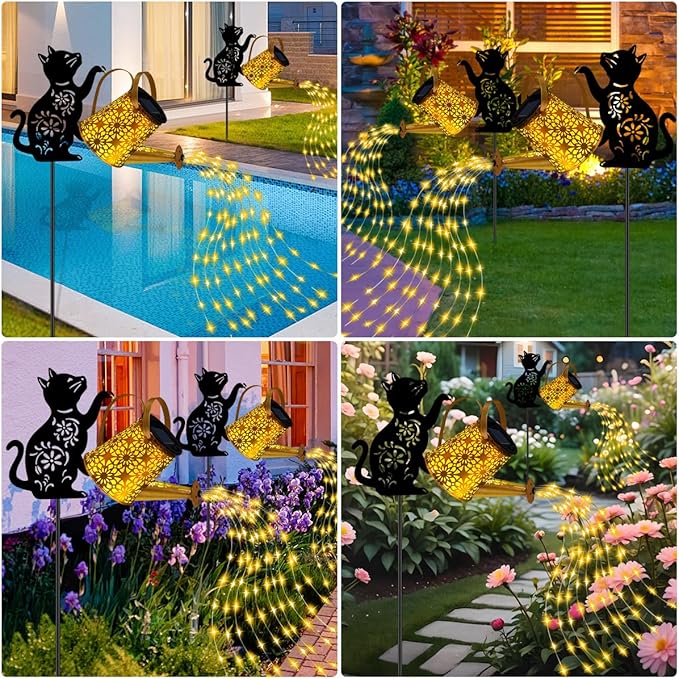 Solar Lights Outdoor Decorative, Watering Can with Cascading Lights, with Cat Silhouette Garden Stakes, Waterproof Metal Garden Decor for Yard Art, Outside, Patio, Lawn Ornaments - Che Cose Belle