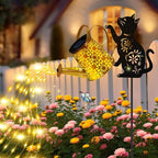 Solar Lights Outdoor Decorative, Watering Can with Cascading Lights, with Cat Silhouette Garden Stakes, Waterproof Metal Garden Decor for Yard Art, Outside, Patio, Lawn Ornaments - Che Cose Belle