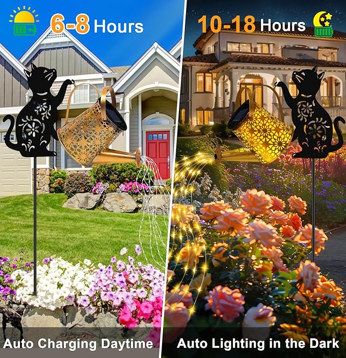 Solar Lights Outdoor Decorative, Watering Can with Cascading Lights, with Cat Silhouette Garden Stakes, Waterproof Metal Garden Decor for Yard Art, Outside, Patio, Lawn Ornaments - Che Cose Belle
