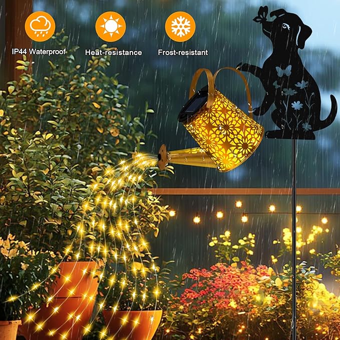 Solar Lights Outdoor Decorative, Watering Can with Cascading Lights, with Dog Silhouette Garden Stakes, Waterproof Metal Garden Decor for Yard Art, Outside, Patio, Lawn Ornaments - Che Cose Belle