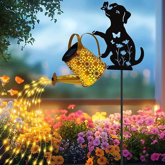 Solar Lights Outdoor Decorative, Watering Can with Cascading Lights, with Dog Silhouette Garden Stakes, Waterproof Metal Garden Decor for Yard Art, Outside, Patio, Lawn Ornaments - Che Cose Belle