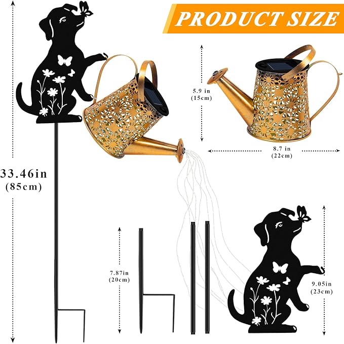 Solar Lights Outdoor Decorative, Watering Can with Cascading Lights, with Dog Silhouette Garden Stakes, Waterproof Metal Garden Decor for Yard Art, Outside, Patio, Lawn Ornaments - Che Cose Belle