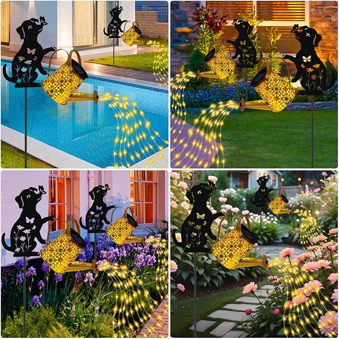 Solar Lights Outdoor Decorative, Watering Can with Cascading Lights, with Dog Silhouette Garden Stakes, Waterproof Metal Garden Decor for Yard Art, Outside, Patio, Lawn Ornaments - Che Cose Belle