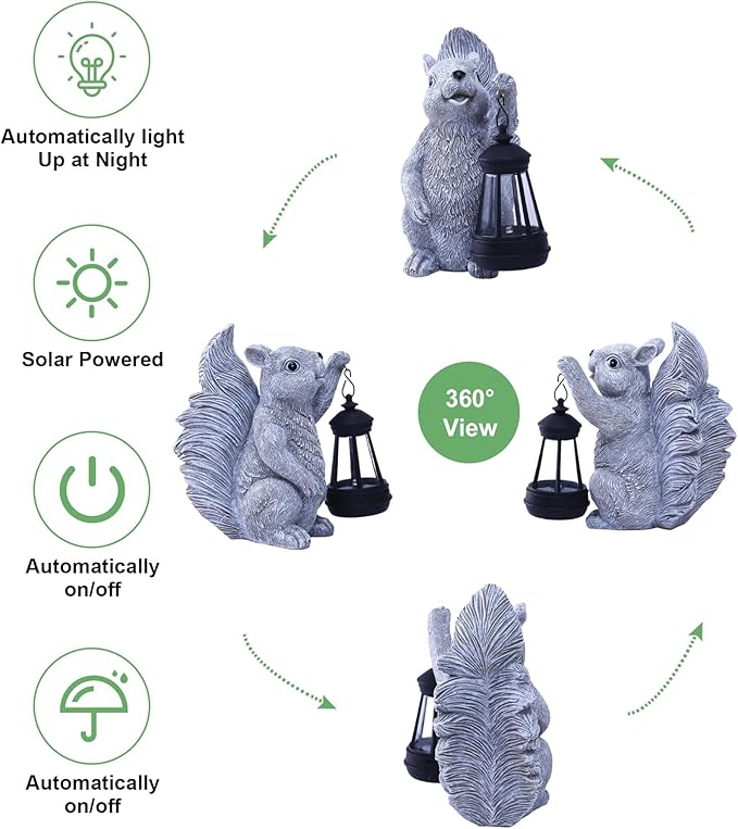 Solar Squirrel Statues for Garden Decor: Outdoor Figurines Sculpture with Lantern for Yard Art Lawn Patio Balcony - Gifts for Mom Grandma - Che Cose Belle