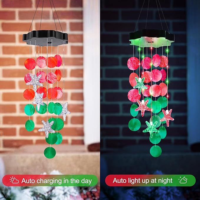 Solar Wind Chimes for Outside, Red & Green Shell Gifts for Mom Grandma Women, Waterproof Solar Outdoor Decorative Mobile Lights for Garden, Yard, Patio, Window, Party, Outdoor Decorations - Che Cose Belle