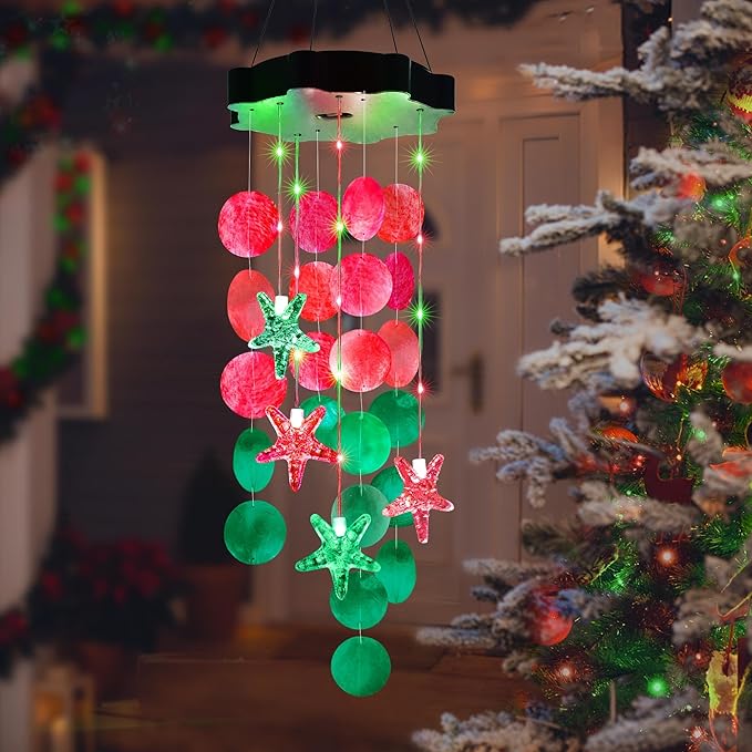 Solar Wind Chimes for Outside, Red & Green Shell Gifts for Mom Grandma Women, Waterproof Solar Outdoor Decorative Mobile Lights for Garden, Yard, Patio, Window, Party, Outdoor Decorations - Che Cose Belle