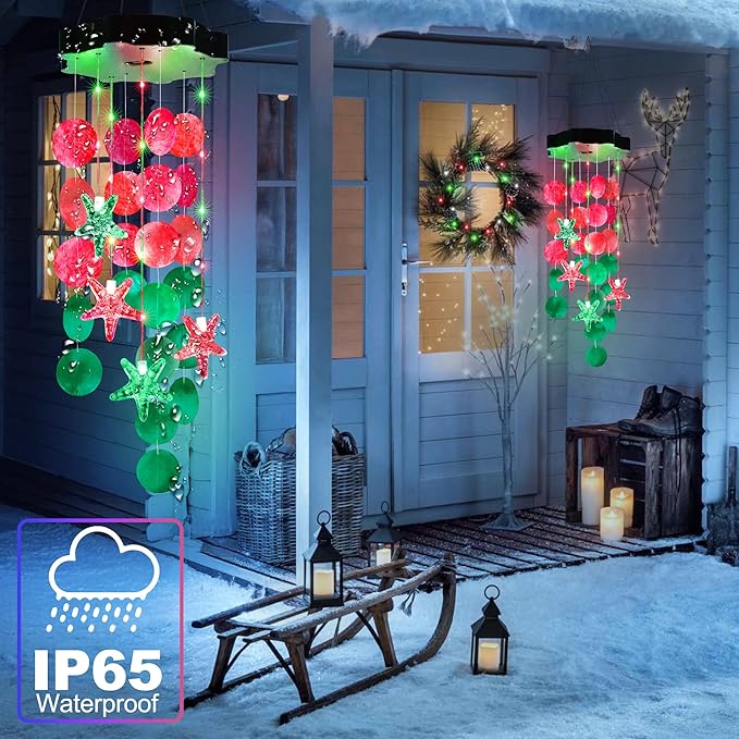 Solar Wind Chimes for Outside, Red & Green Shell Gifts for Mom Grandma Women, Waterproof Solar Outdoor Decorative Mobile Lights for Garden, Yard, Patio, Window, Party, Outdoor Decorations - Che Cose Belle