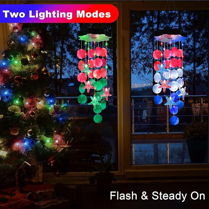 Solar Wind Chimes for Outside, Red & Green Shell Gifts for Mom Grandma Women, Waterproof Solar Outdoor Decorative Mobile Lights for Garden, Yard, Patio, Window, Party, Outdoor Decorations - Che Cose Belle