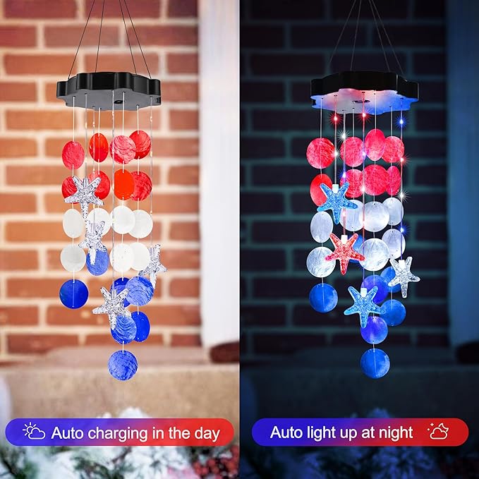 Solar Wind Chimes for Outside, Red & White & Blue Shell Gifts for Mom Grandma Women, Waterproof Solar Outdoor Decorative Mobile Lights for Garden, Yard, Patio, Window, Party, Outdoor Decorations - Che Cose Belle