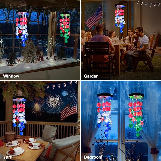 Solar Wind Chimes for Outside, Red & White & Blue Shell Gifts for Mom Grandma Women, Waterproof Solar Outdoor Decorative Mobile Lights for Garden, Yard, Patio, Window, Party, Outdoor Decorations - Che Cose Belle
