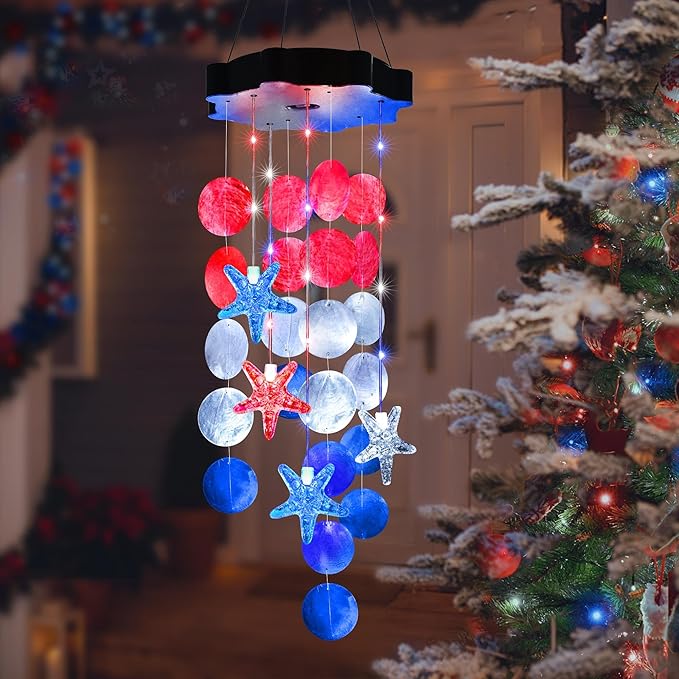 Solar Wind Chimes for Outside, Red & White & Blue Shell Gifts for Mom Grandma Women, Waterproof Solar Outdoor Decorative Mobile Lights for Garden, Yard, Patio, Window, Party, Outdoor Decorations - Che Cose Belle