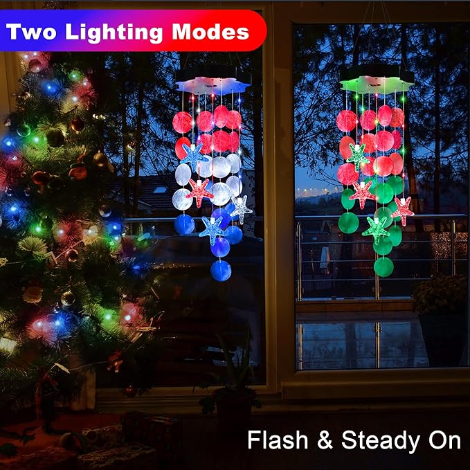 Solar Wind Chimes for Outside, Red & White & Blue Shell Gifts for Mom Grandma Women, Waterproof Solar Outdoor Decorative Mobile Lights for Garden, Yard, Patio, Window, Party, Outdoor Decorations - Che Cose Belle