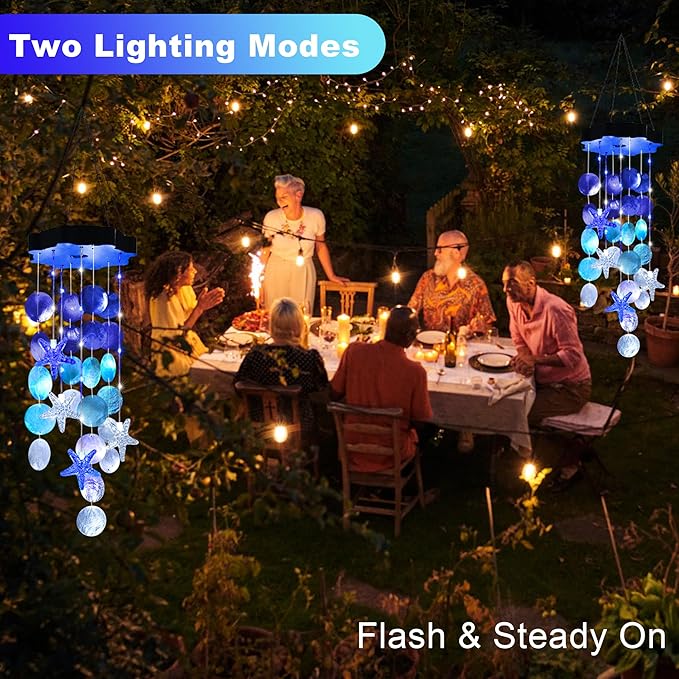 Solar Wind Chimes for Outside, White & Blue Shell Gifts for Mom Grandma Women, Waterproof Solar Outdoor Decorative Mobile Lights for Garden, Yard, Patio, Window, Party, Outdoor Decorations - Che Cose Belle