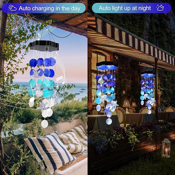 Solar Wind Chimes for Outside, White & Blue Shell Gifts for Mom Grandma Women, Waterproof Solar Outdoor Decorative Mobile Lights for Garden, Yard, Patio, Window, Party, Outdoor Decorations - Che Cose Belle