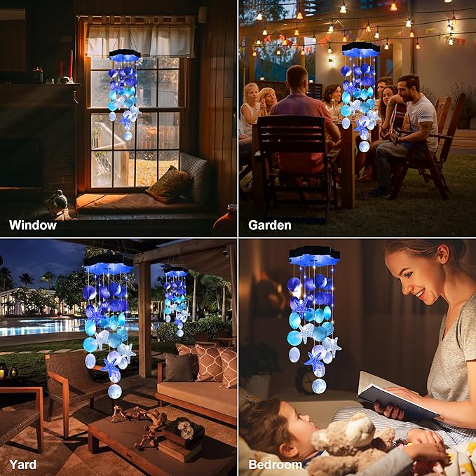 Solar Wind Chimes for Outside, White & Blue Shell Gifts for Mom Grandma Women, Waterproof Solar Outdoor Decorative Mobile Lights for Garden, Yard, Patio, Window, Party, Outdoor Decorations - Che Cose Belle