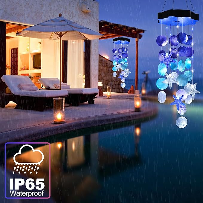 Solar Wind Chimes for Outside, White & Blue Shell Gifts for Mom Grandma Women, Waterproof Solar Outdoor Decorative Mobile Lights for Garden, Yard, Patio, Window, Party, Outdoor Decorations - Che Cose Belle