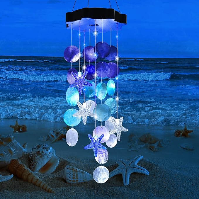 Solar Wind Chimes for Outside, White & Blue Shell Gifts for Mom Grandma Women, Waterproof Solar Outdoor Decorative Mobile Lights for Garden, Yard, Patio, Window, Party, Outdoor Decorations - Che Cose Belle