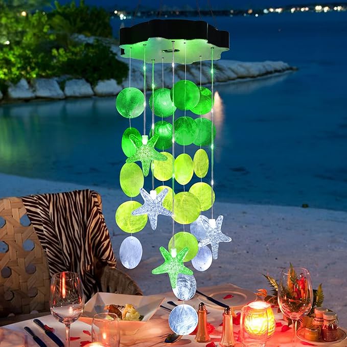 Solar Wind Chimes for Outside, White & Green Shell Gifts for Mom Grandma Women, Waterproof Solar Outdoor Decorative Mobile Lights for Garden, Yard, Patio, Window, Party, Outdoor Decorations - Che Cose Belle