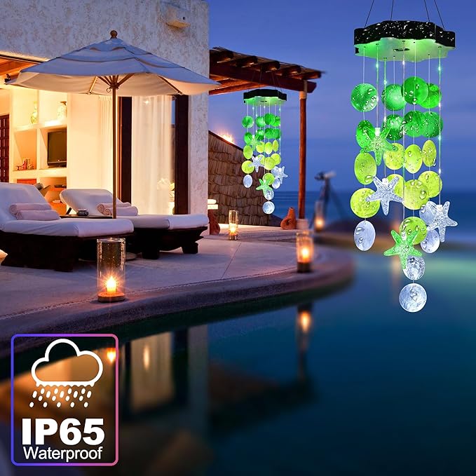 Solar Wind Chimes for Outside, White & Green Shell Gifts for Mom Grandma Women, Waterproof Solar Outdoor Decorative Mobile Lights for Garden, Yard, Patio, Window, Party, Outdoor Decorations - Che Cose Belle