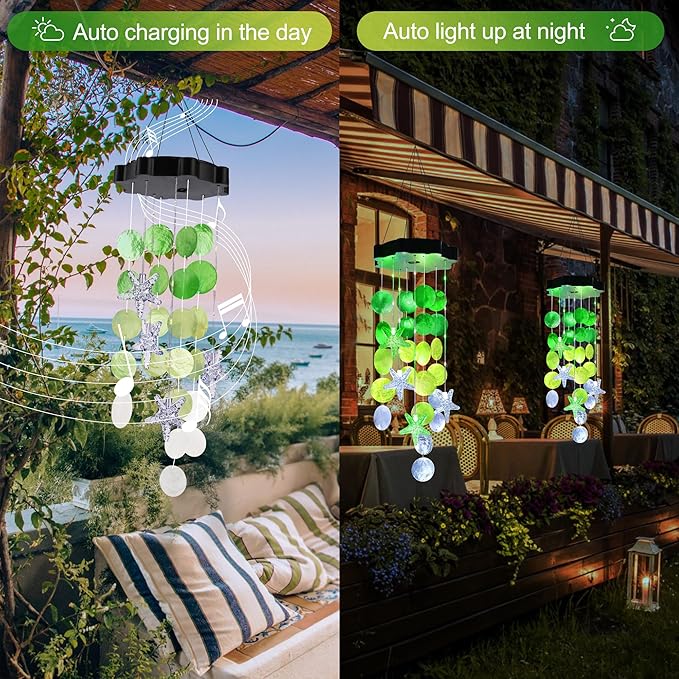 Solar Wind Chimes for Outside, White & Green Shell Gifts for Mom Grandma Women, Waterproof Solar Outdoor Decorative Mobile Lights for Garden, Yard, Patio, Window, Party, Outdoor Decorations - Che Cose Belle