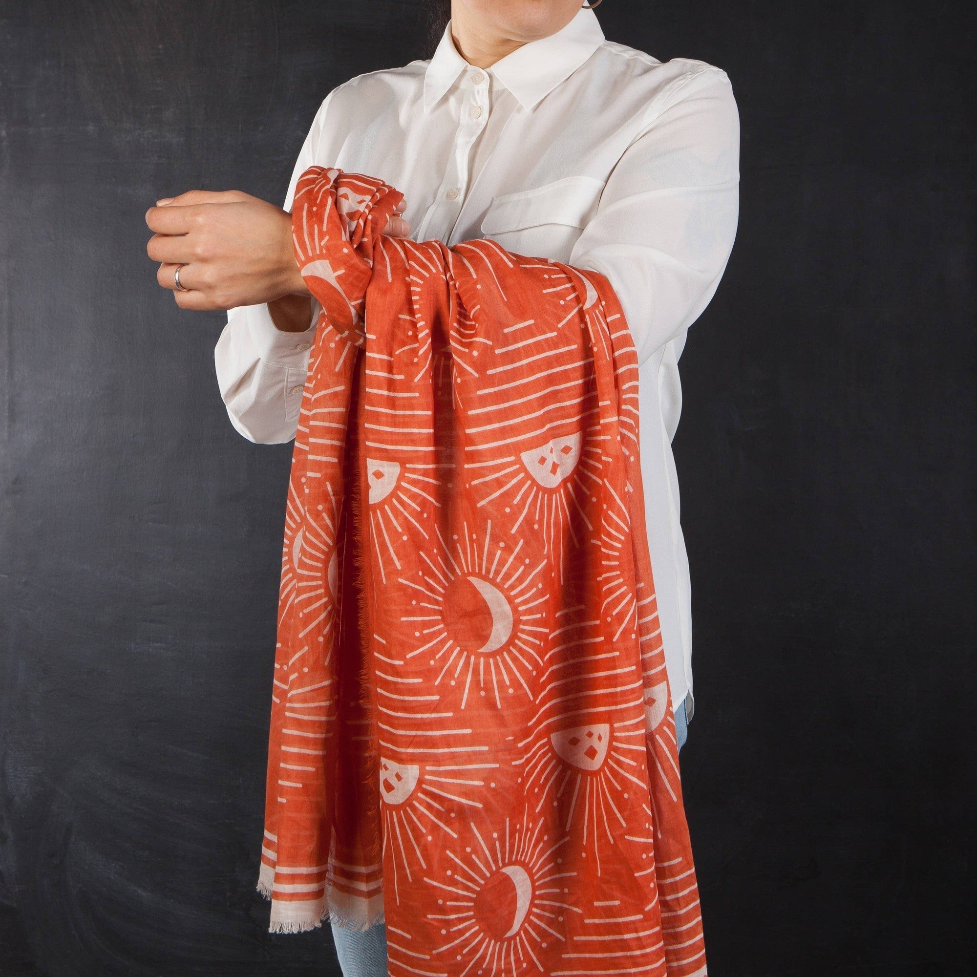 Soleil Printed Cotton Long Designer Scarf in Light Brown | Wrap Shawl Scarves | 40” x 72” - Che Cose Belle