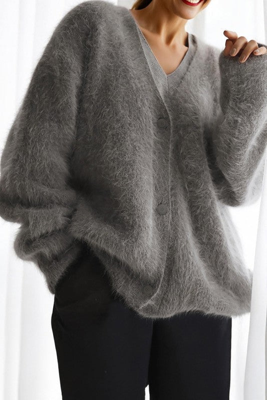 Solid Mohair V - Neck Fuzzy Knit Sweater Cardigan - Che Cose Belle