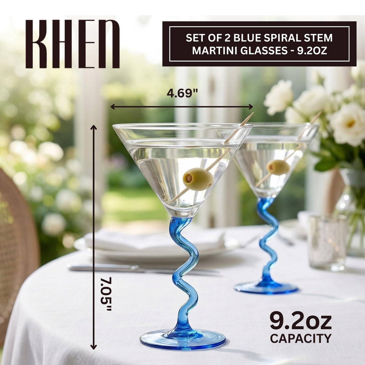 Spiral Stem Martini Glasses Set of 2, 9.2oz 7.05" Blue - Che Cose Belle