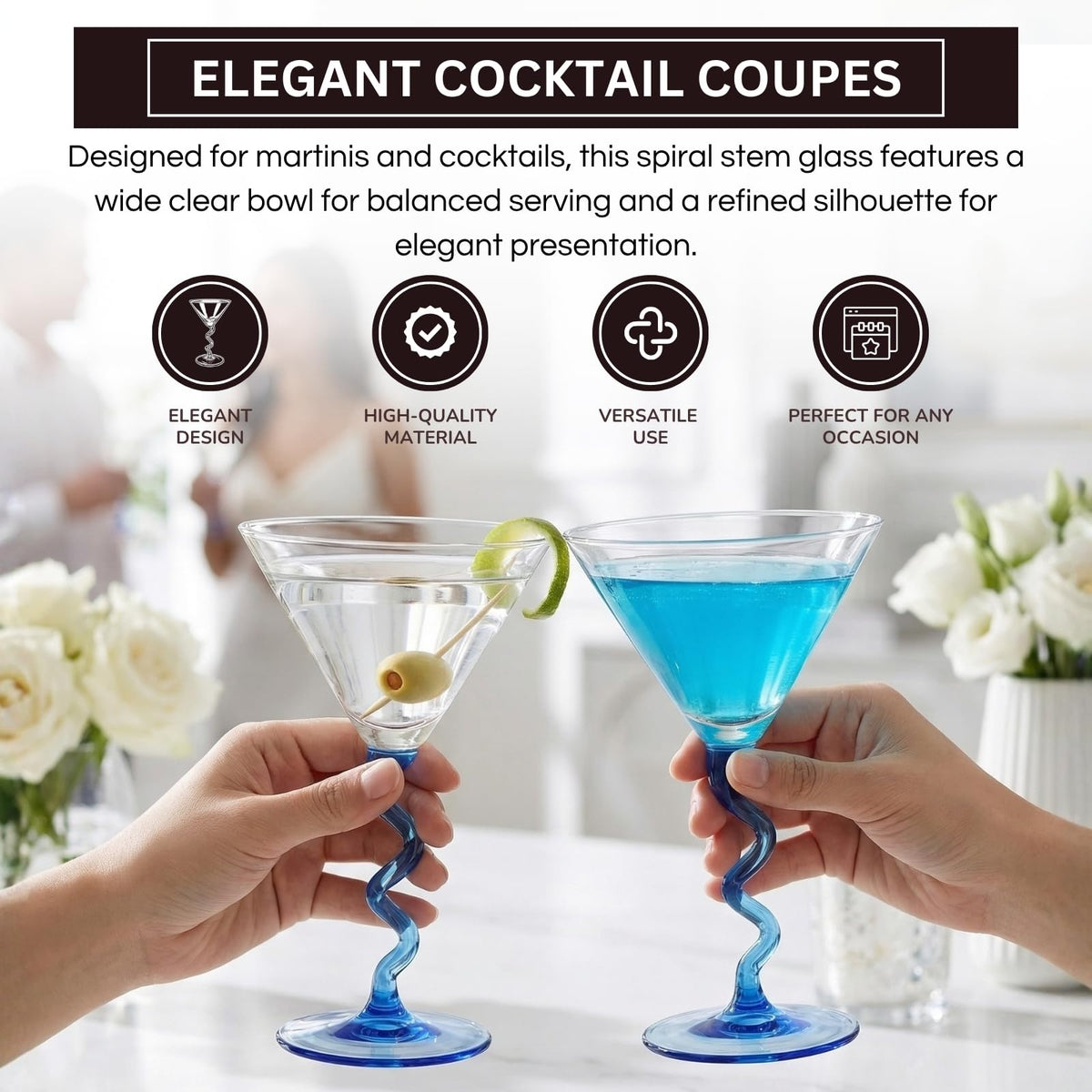 Spiral Stem Martini Glasses Set of 2, 9.2oz 7.05" Blue - Che Cose Belle