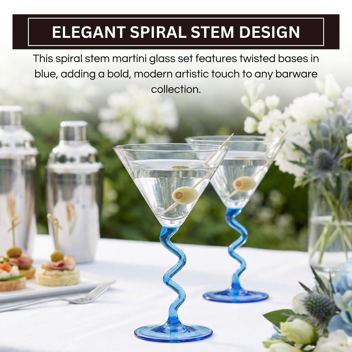 Spiral Stem Martini Glasses Set of 2, 9.2oz 7.05" Blue - Che Cose Belle