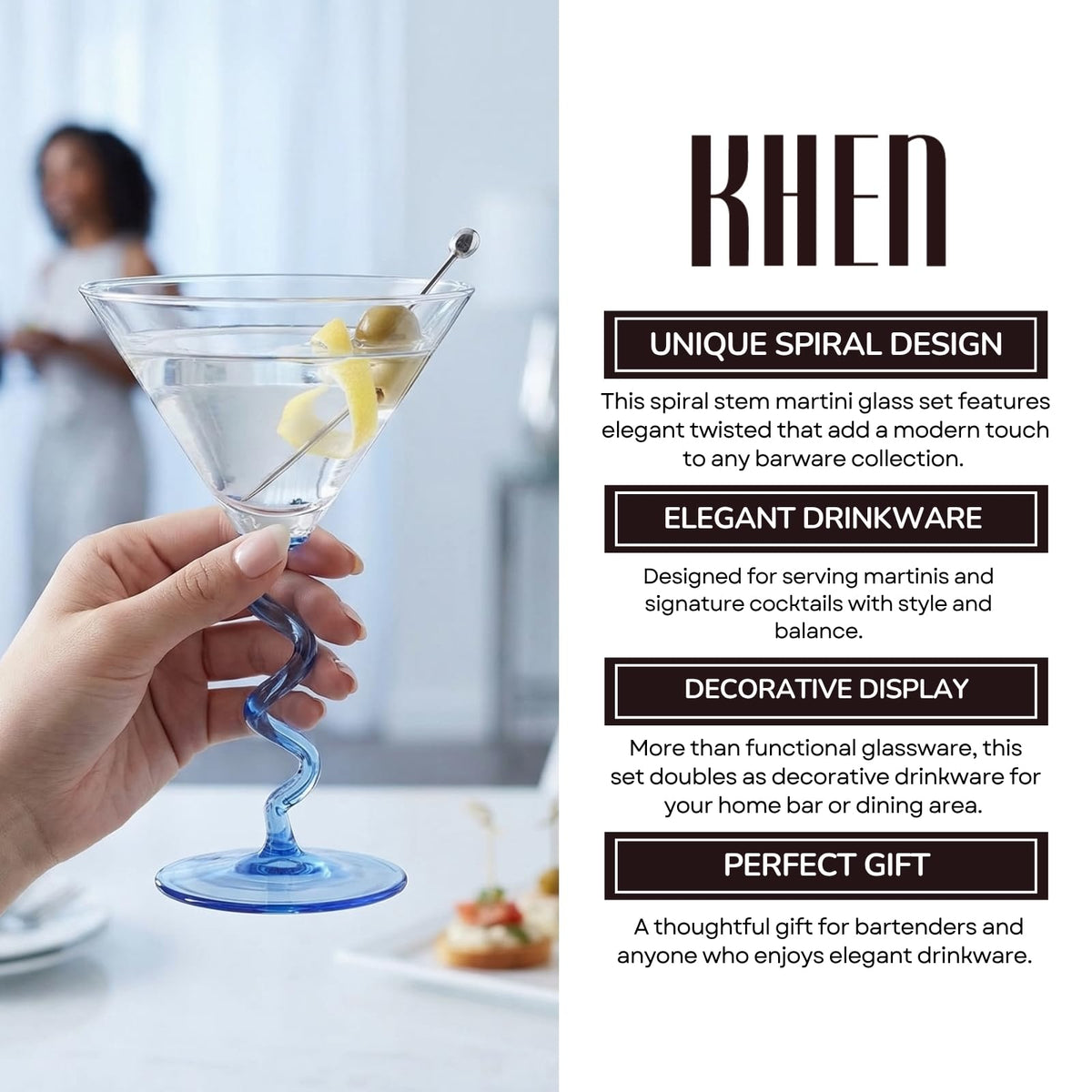 Spiral Stem Martini Glasses Set of 2, 9.2oz 7.05" Blue - Che Cose Belle