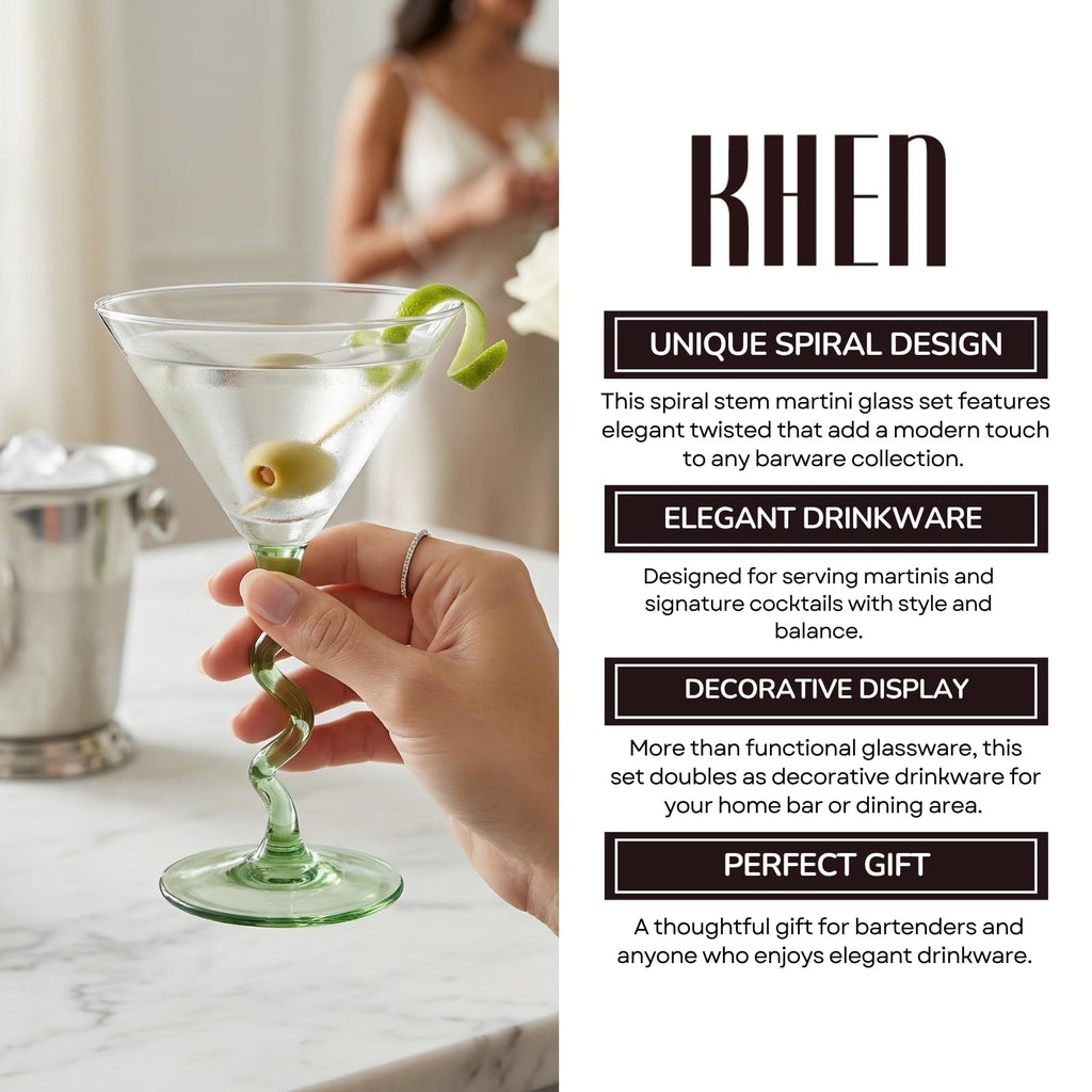 Spiral Stem Martini Glasses Set of 2, 9.2oz 7.05" Green - Che Cose Belle