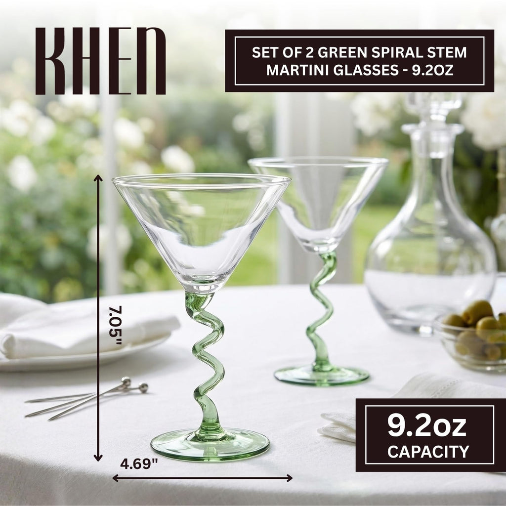 Spiral Stem Martini Glasses Set of 2, 9.2oz 7.05" Green - Che Cose Belle