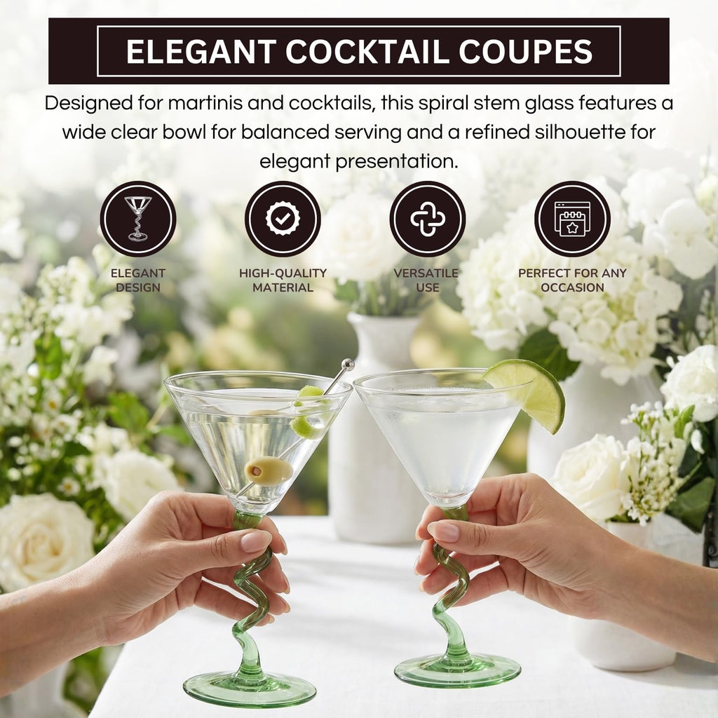 Spiral Stem Martini Glasses Set of 2, 9.2oz 7.05" Green - Che Cose Belle