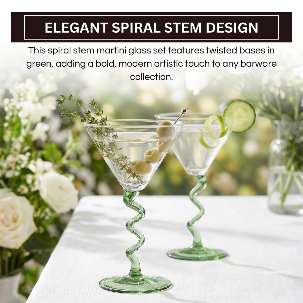 Spiral Stem Martini Glasses Set of 2, 9.2oz 7.05" Green - Che Cose Belle