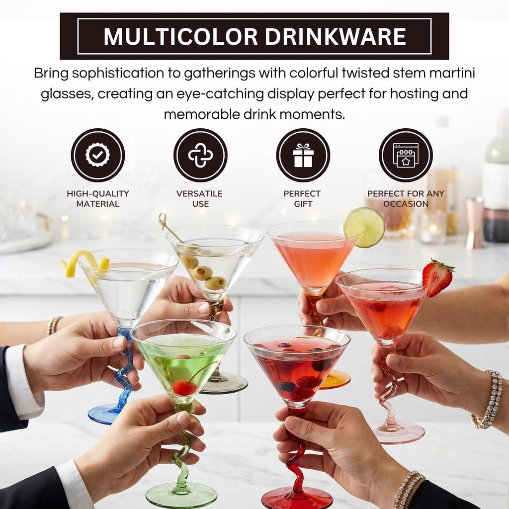 Spiral Stem Martini Glasses Set of 6, 9.2oz 7.05" Multicolor Twisted Base Glass - Che Cose Belle