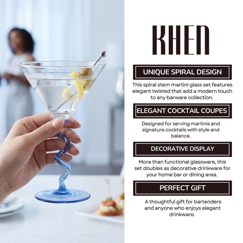 Spiral Stem Martini Glasses Set of 6, 9.2oz 7.05" Multicolor Twisted Base Glass - Che Cose Belle