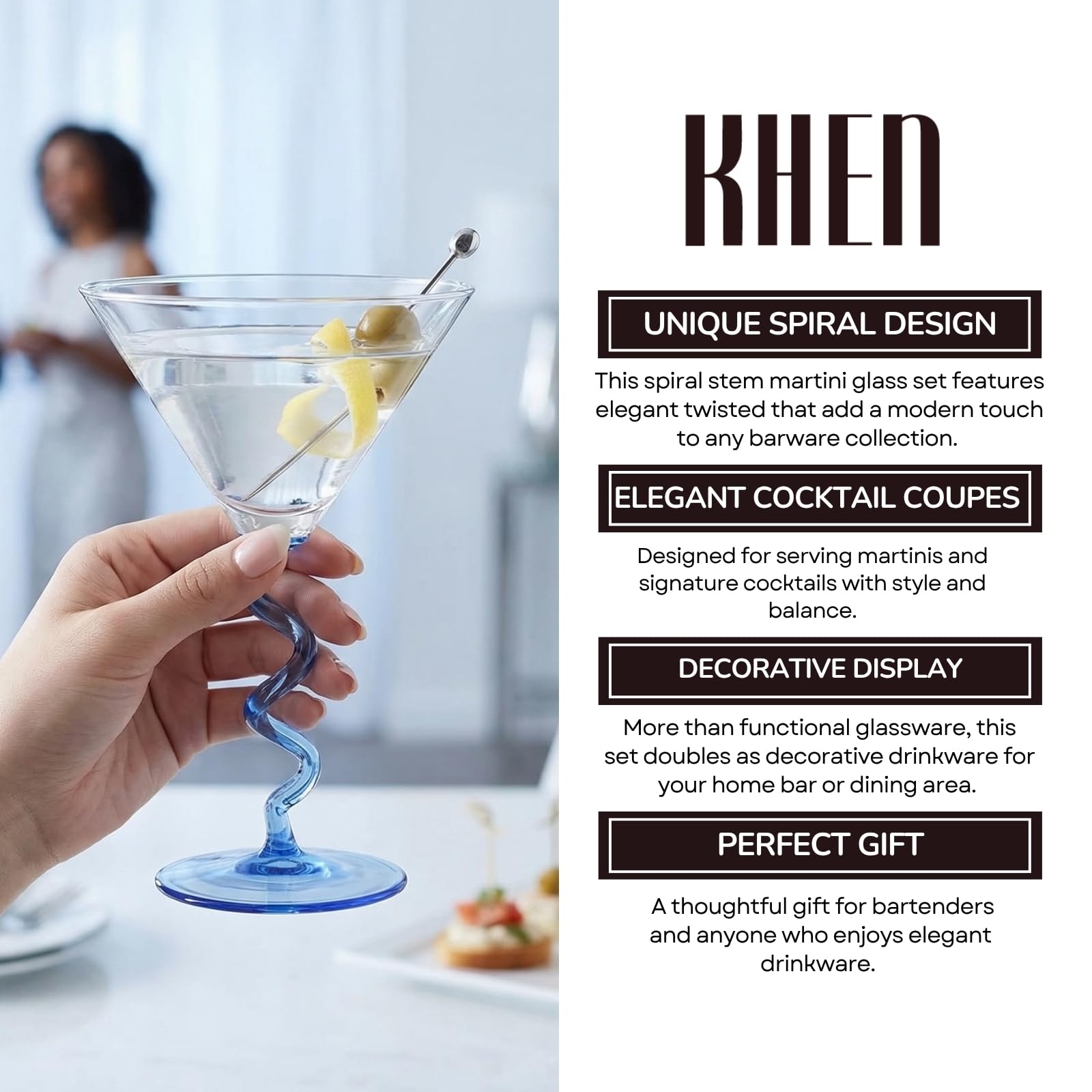 Spiral Stem Martini Glasses Set of 6, 9.2oz 7.05" Multicolor Twisted Base Glass - Che Cose Belle