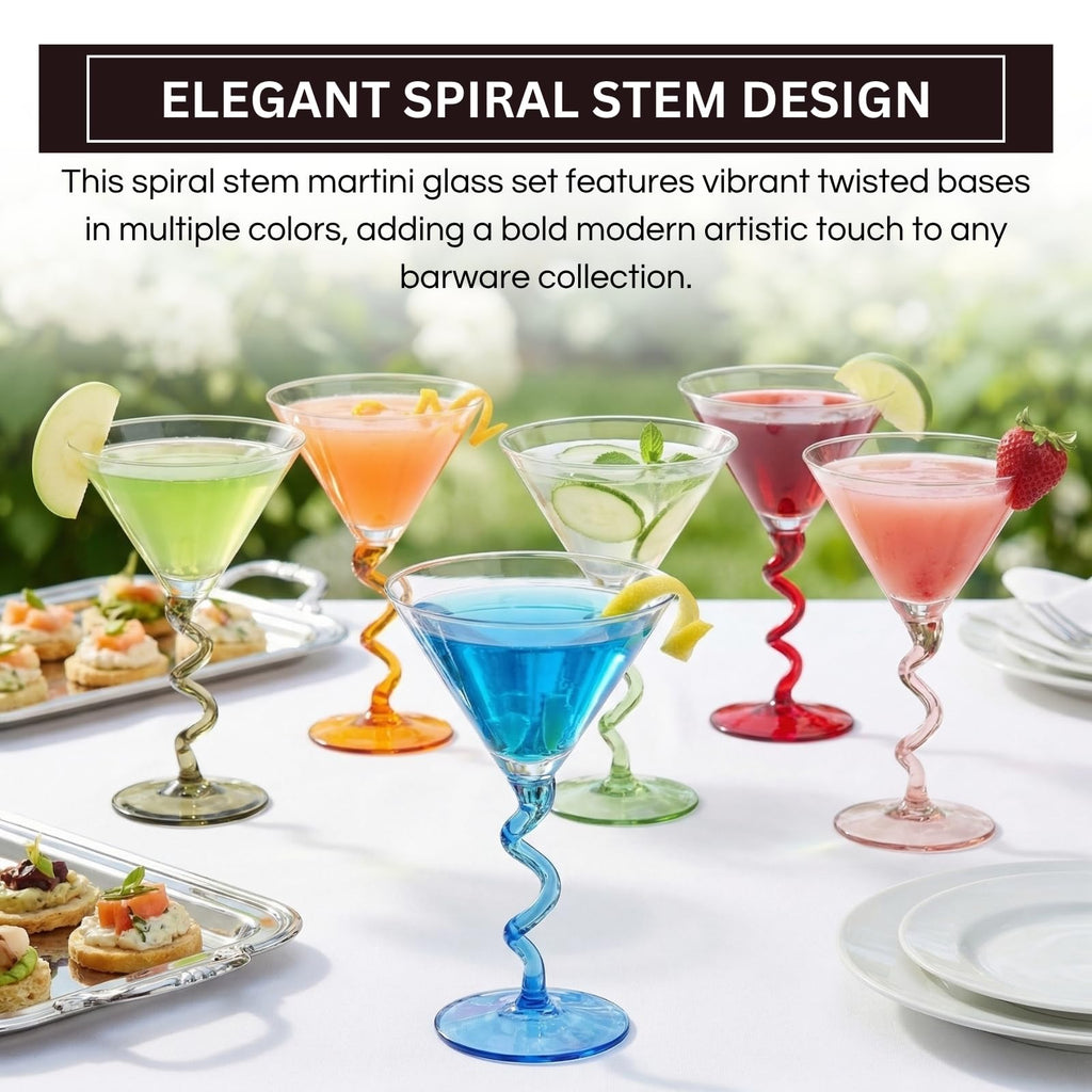 Spiral Stem Martini Glasses Set of 6, 9.2oz 7.05" Multicolor Twisted Base Glass - Che Cose Belle